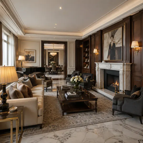 Classic Luxury Interior — Combines refined stone, polished timber, tailored furniture, decorative molding, and carefully layered lighting