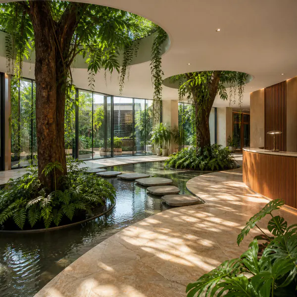Biophilic Interior — Connects occupants with nature through planting, daylight, natural materials, water, and outdoor views