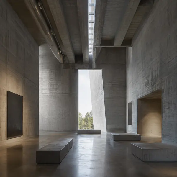 Brutalist Interior — Emphasizes raw concrete, heavy geometric forms, exposed structure, and a limited material palette