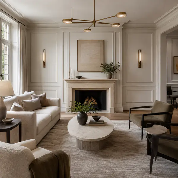 Transitional Interior — Balances traditional proportions and detailing with cleaner contemporary furniture and finishes