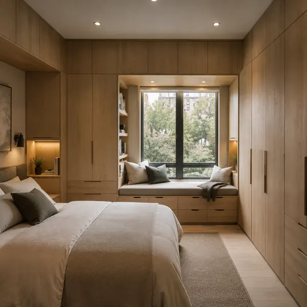 Built In Storage — Integrates cabinets, shelving, wardrobes, or seating directly into the architectural envelope