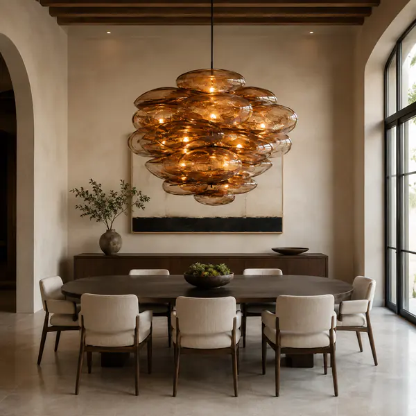 Statement Lighting — Uses a prominent pendant, chandelier, or sculptural fixture as a major visual focus