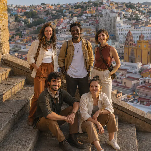 Staggered Group Pose — A staggered group pose places people at different depths or heights so faces remain visible and the arrangement feels dynamic