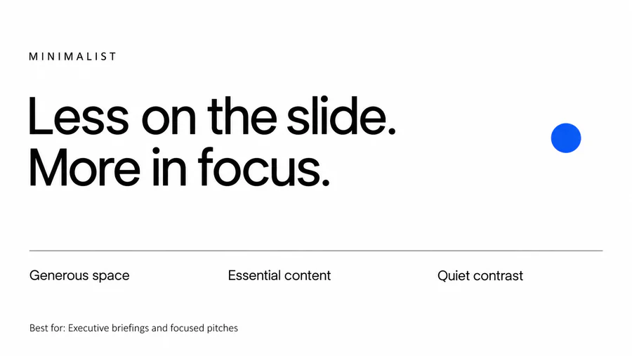 Minimalist PowerPoint slide demonstrating the style with text and visual elements.