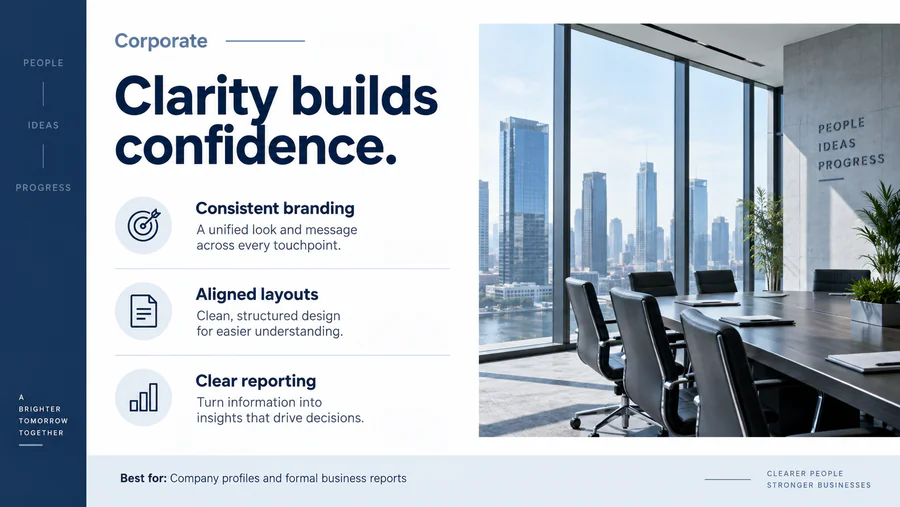Corporate PowerPoint slide demonstrating the style with text and visual elements.