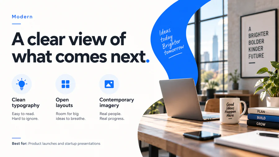 Modern PowerPoint slide demonstrating the style with text and visual elements.