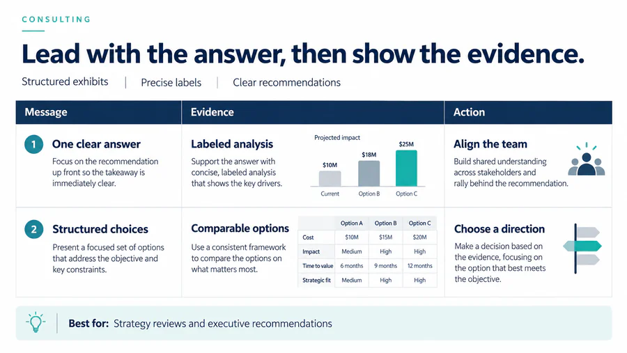 Consulting PowerPoint slide demonstrating the style with text and visual elements.