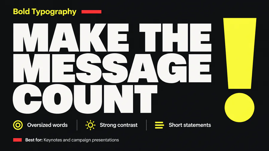 Bold Typography PowerPoint slide demonstrating the style with text and visual elements.