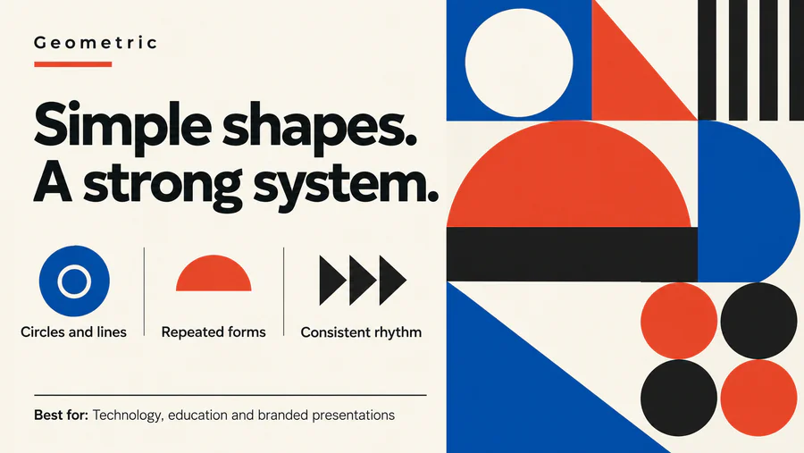 Geometric PowerPoint slide demonstrating the style with text and visual elements.