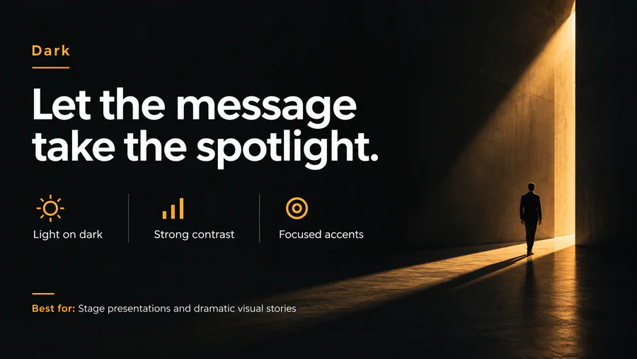 Dark PowerPoint slide demonstrating the style with text and visual elements.