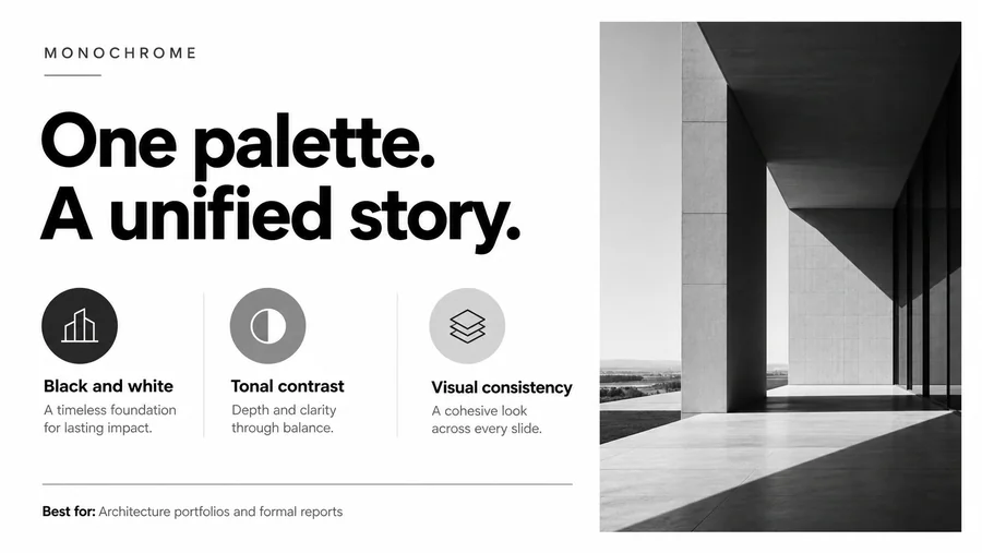 Monochrome PowerPoint slide demonstrating the style with text and visual elements.