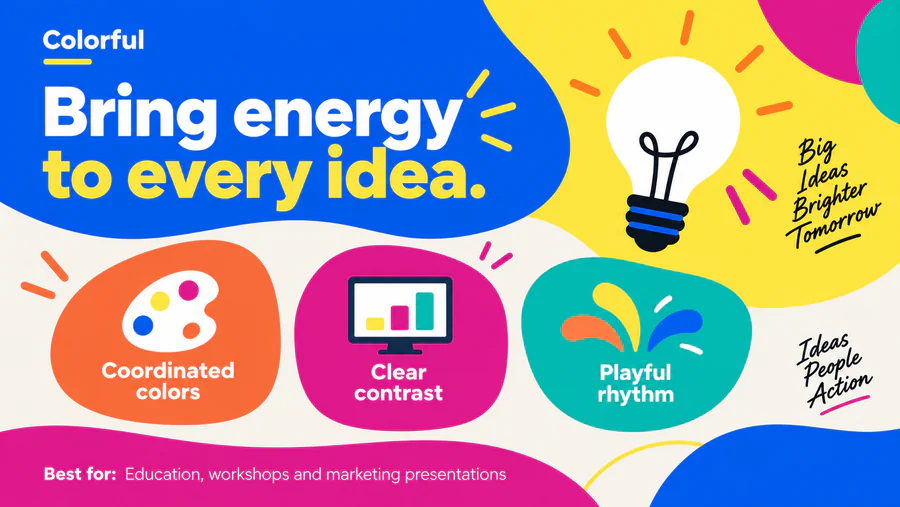 Colorful PowerPoint slide demonstrating the style with text and visual elements.