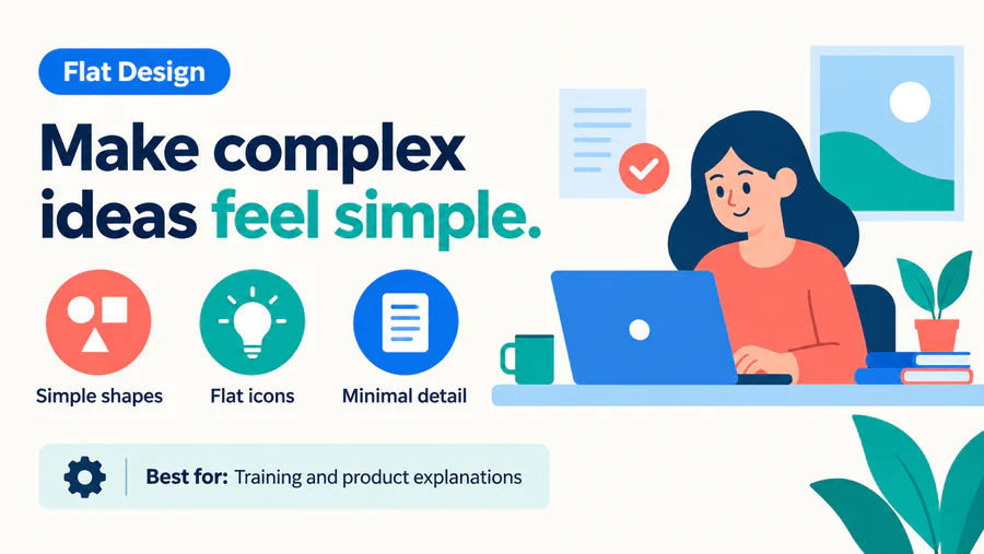 Flat Design PowerPoint slide demonstrating the style with text and visual elements.