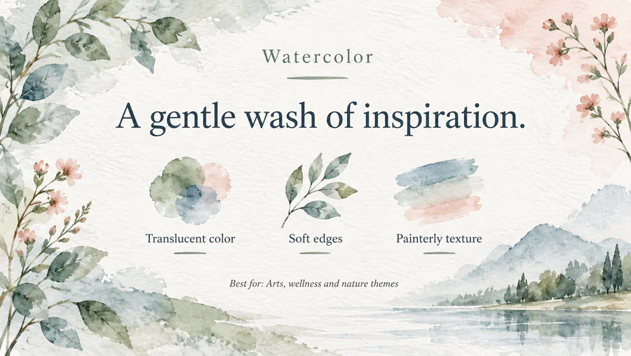 Watercolor PowerPoint slide demonstrating the style with text and visual elements.