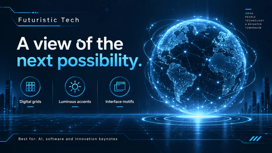 Futuristic Tech PowerPoint slide demonstrating the style with text and visual elements.