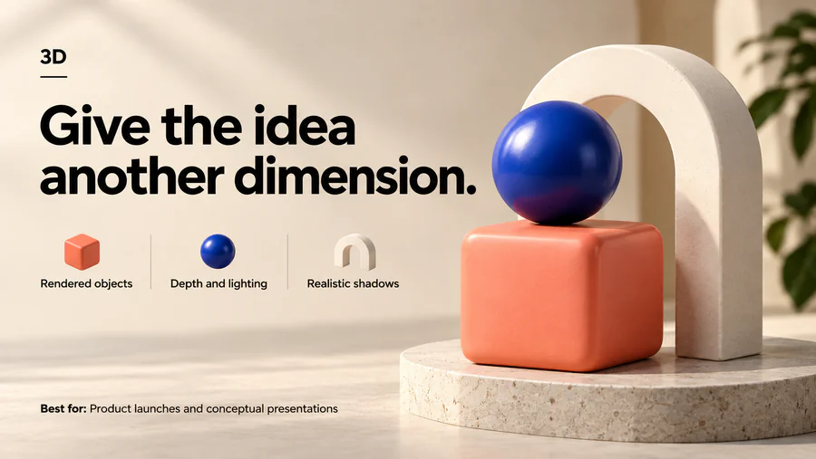 3D PowerPoint slide demonstrating the style with text and visual elements.