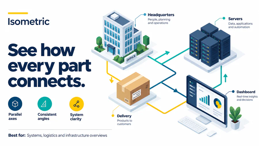 Isometric PowerPoint slide demonstrating the style with text and visual elements.