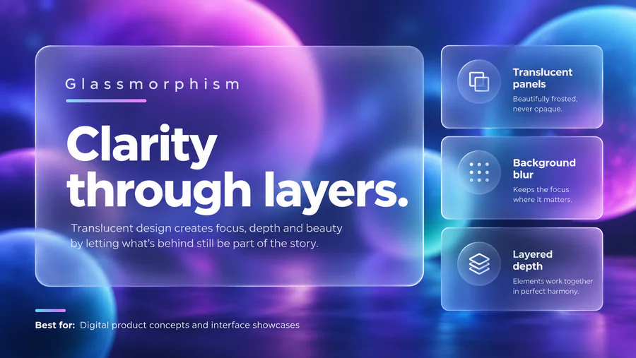 Glassmorphism PowerPoint slide demonstrating the style with text and visual elements.