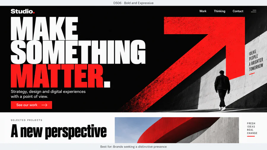 Bold and Expressive website design reference showing a sample page.
