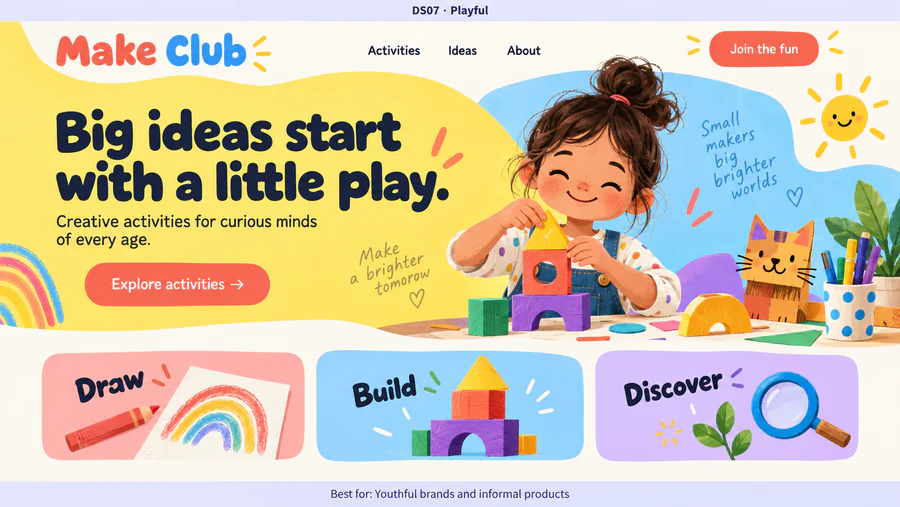 Playful website design reference showing a sample page.