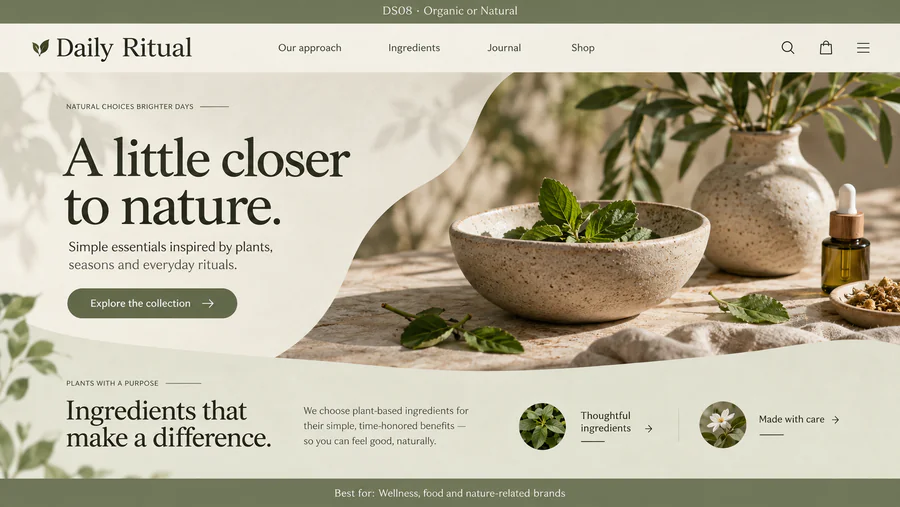 Organic or Natural website design reference showing a sample page.