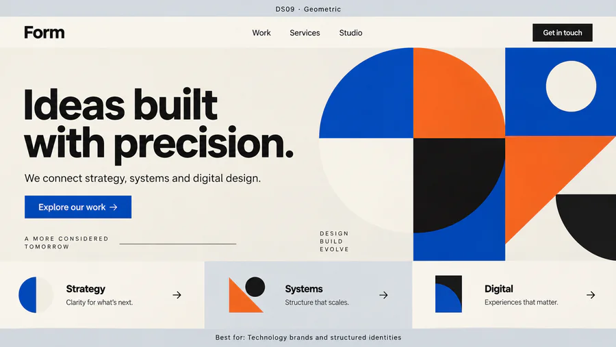Geometric website design reference showing a sample page.