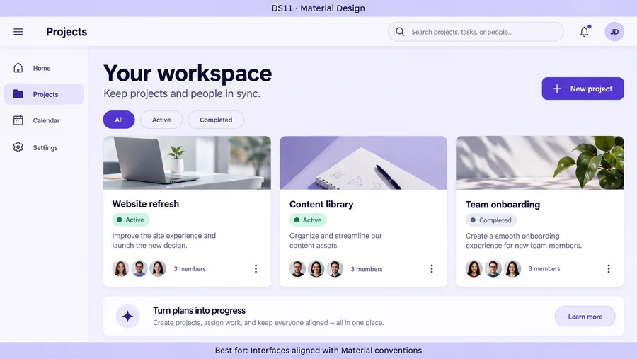 Material Design website design reference showing a sample page.