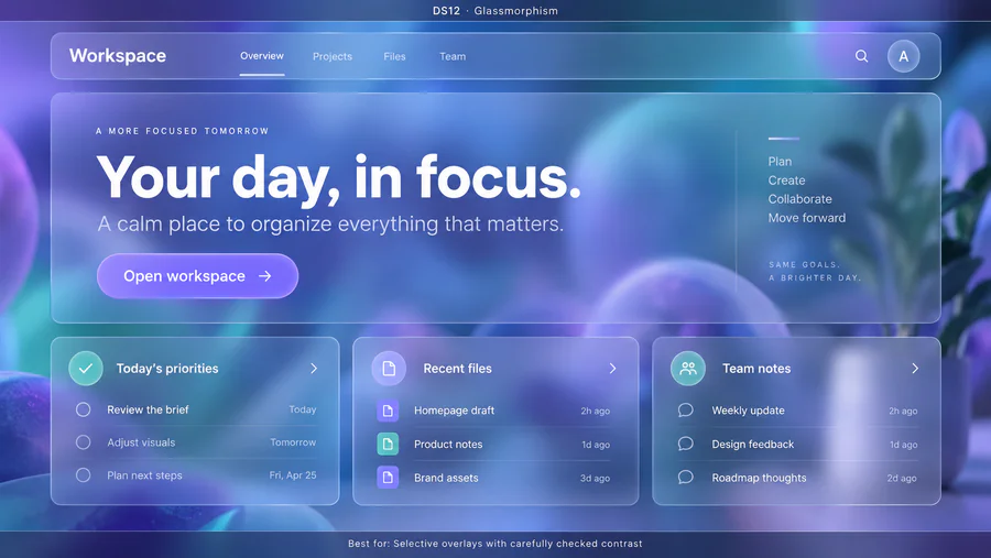Glassmorphism website design reference showing a sample page.