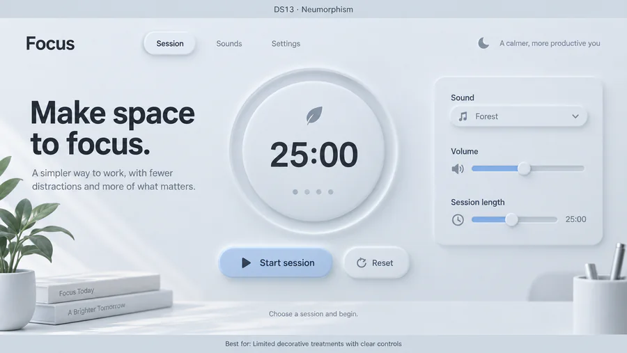 Neumorphism website design reference showing a sample page.