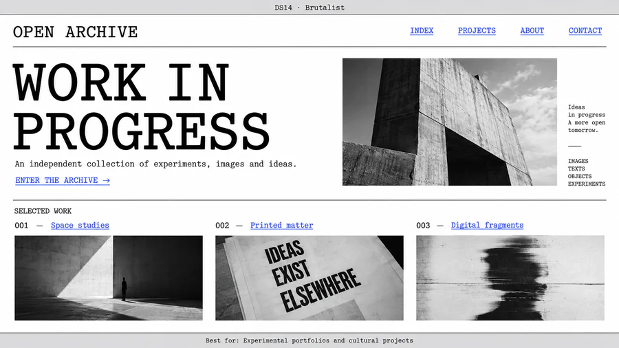 Brutalist website design reference showing a sample page.