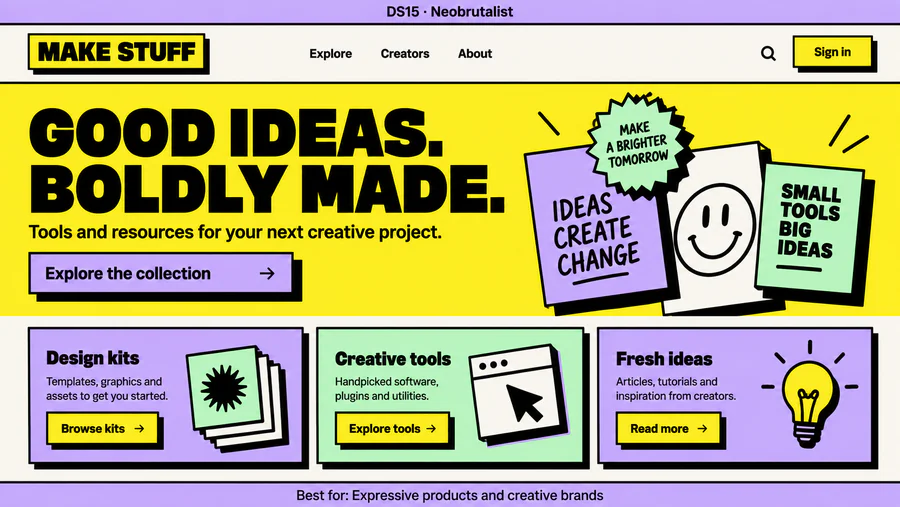 Neobrutalist website design reference showing a sample page.
