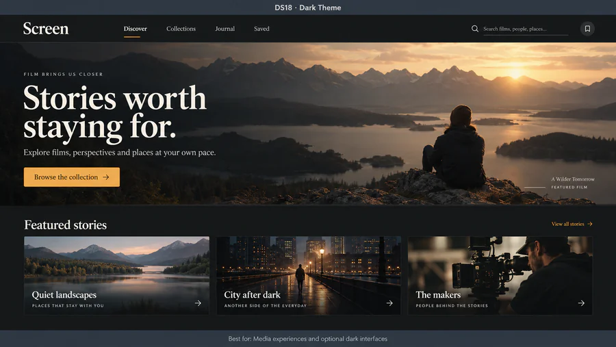 Dark Theme website design reference showing a sample page.
