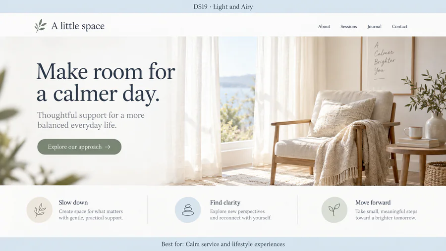 Light and Airy website design reference showing a sample page.