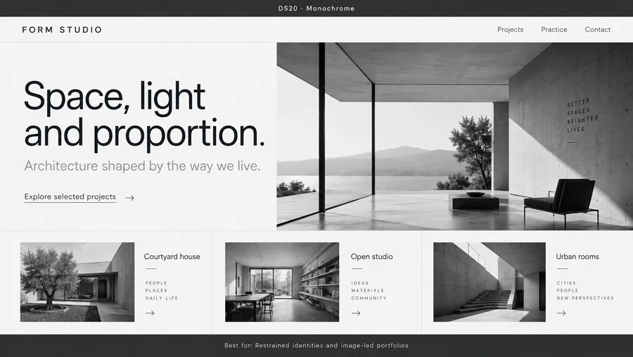 Monochrome website design reference showing a sample page.