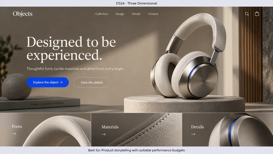 Three Dimensional website design reference showing a sample page.